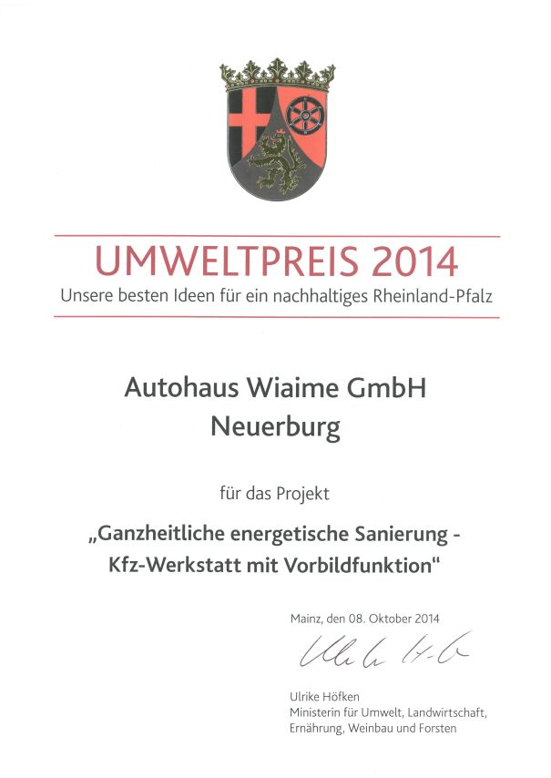 Autohaus Wiaime Urkunde Umweltpreis RLP